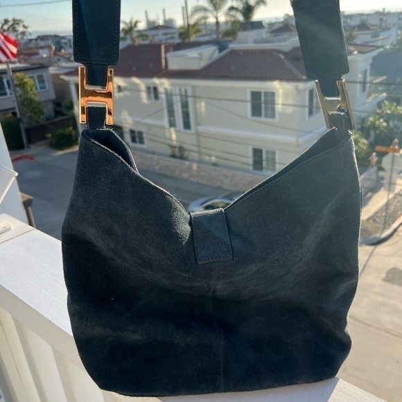 INDIA HICKS Edwina Hobo Slate blue suede soft bag designer retro - Picture 4 of 14